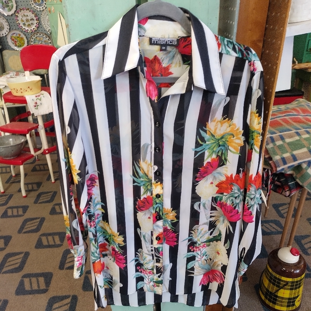 Like New Black and White Stiped, Floral Pattern Blouse